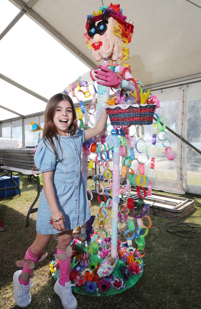 The Gold Coast Show starts Thursday and locals Ayla Shephard 8 checks out a scarecrow in the Arts and Crafts Pavilion. Picture Glenn Hampson