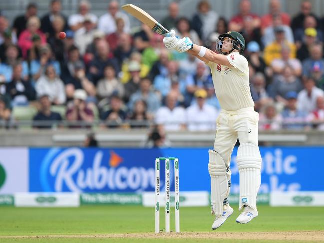 BIRMINGHAM, ENGLAND - AUGUST 01: Australia batsman Steve Smith hits out during day one of the First Specsavers Ashes Test Match between England and Australia at Edgbaston on August 01, 2019 in Birmingham, England. (Photo by Stu Forster/Getty Images)