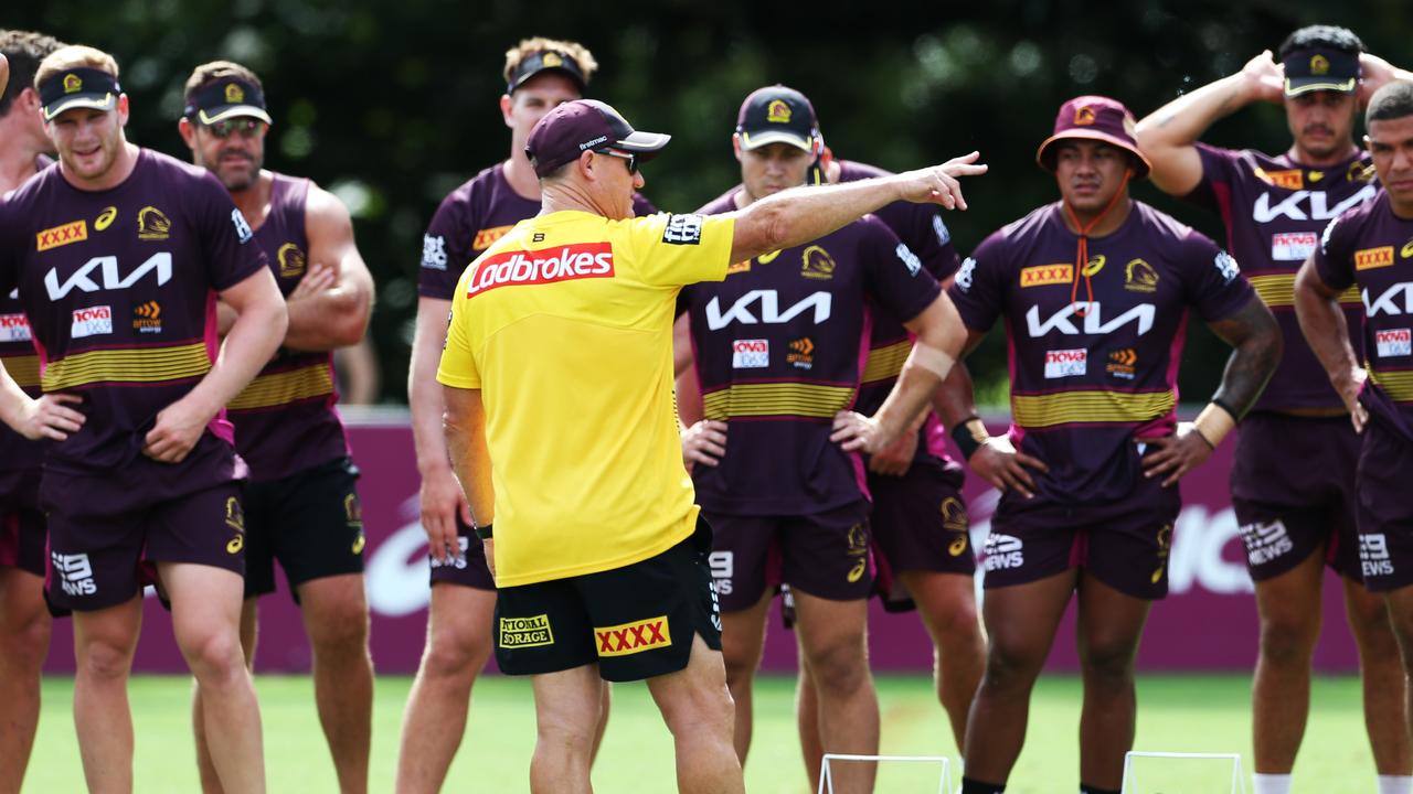 Brisbane Broncos training from Red Hill. Coach Kevin Walters addresses the team. Picture: Zak Simmonds