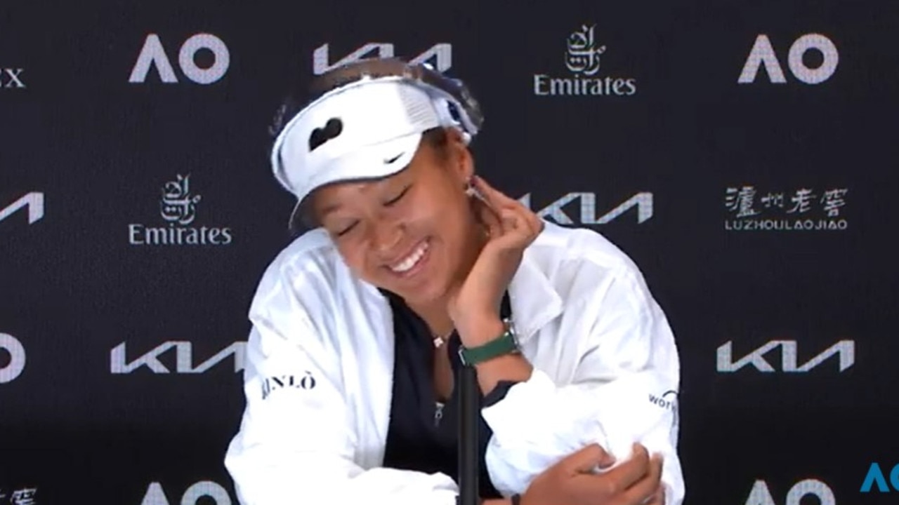 Naomi Osaka laughs thinking about Nick Kyrgios' match on Tuesday night. Picture: Australian Open YouTube