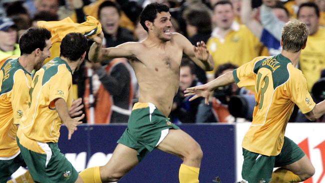 John Aloisi sprints to his family after scoring the winning penalty against Uruguay in 2005.