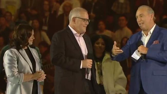 Scott Morrison and his wife Jenny on stage at Hillsong with founder Brian Houston.