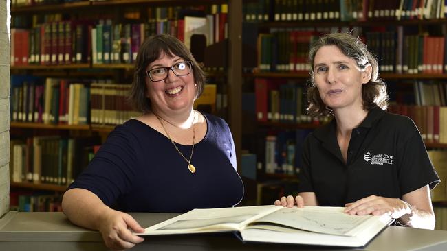 Research by JCU historian Dr Claire Brennan (RIGHT) pictured with JCU senior liaison librarian Claire Ovaska (LEFT) has cast light on the voyage of Captain James Cook’s Endeavour. PICTURE: MATT TAYLOR.