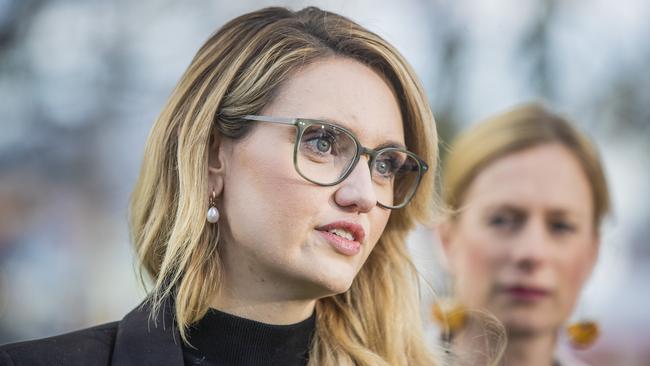 Alysha (surname withheld) holds a press conference on Parliament lawns after having long running difficulties with sexual assessment claims while working at Ashley Youth Detention Centre. Picture: Richard Jupe