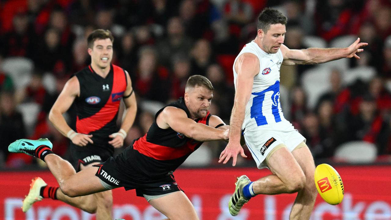 Jake Stringer’s defensive acts were crucial to Essendon’s victory. Picture: Quinn Rooney/Getty Images