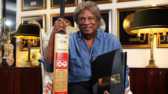 Kamahl with a 1977 centenary cricket bat. Picture: Tim Hunter