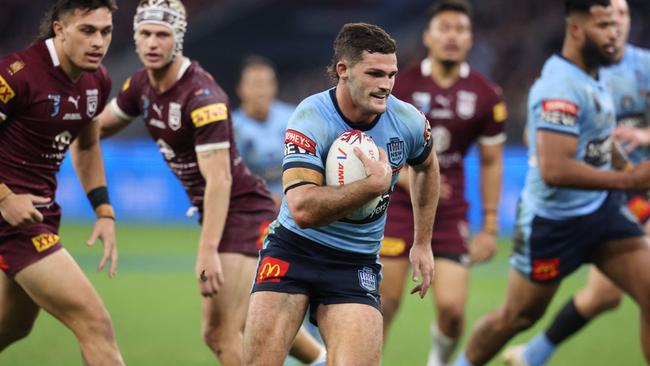 Nathan Cleary ran riot against the Maroons, finishing with two tries in a masterful display. Picture: AFP