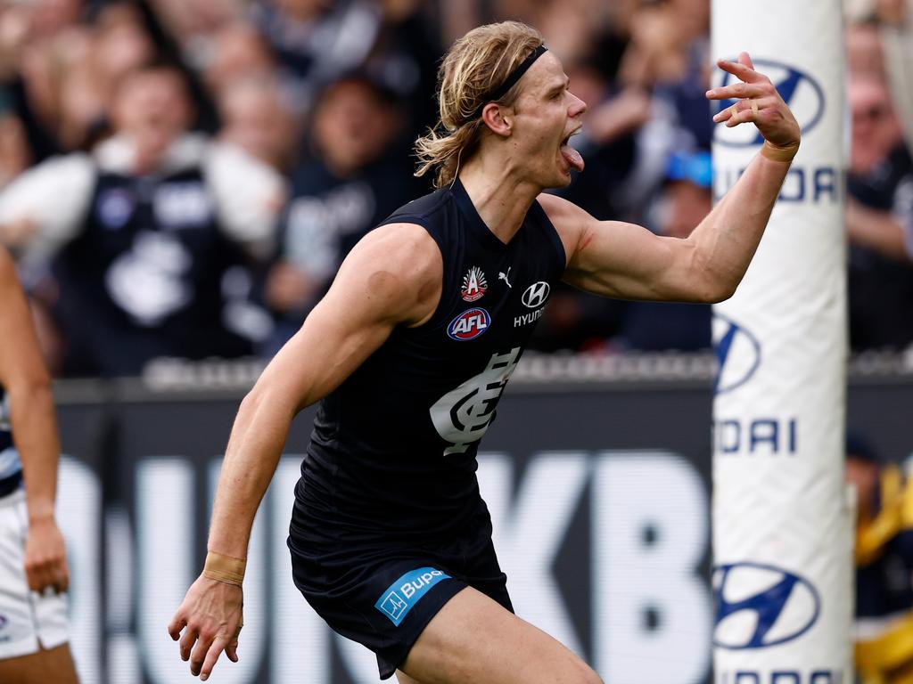 Can the Blues keep a hold of Tom De Koning? Picture: Michael Willson/AFL Photos via Getty Images.
