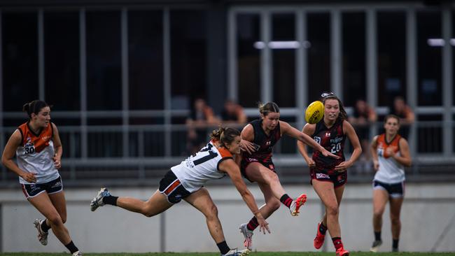 Kate Atkins and Kyla Tracey as the NTFL Buffaloes' women side beat the Essendon Bombers. Picture: Pema Tamang Pakhrin