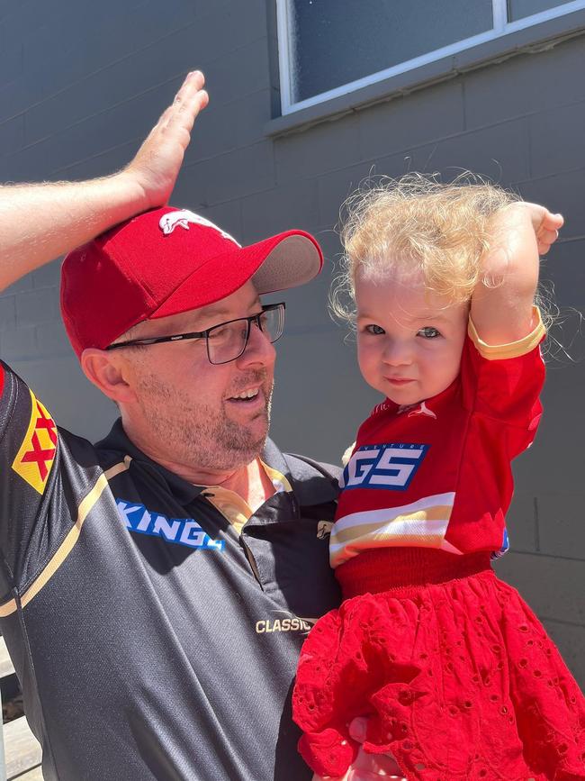 Jamie Ray, 33, and Charlotte Ray, 2, enjoying the Dolphin's debut NRL game against the Sydney Roosters at Suncorp Stadium on Sunday, March 5, 2023. Picture: Jamie-Leigh Ray