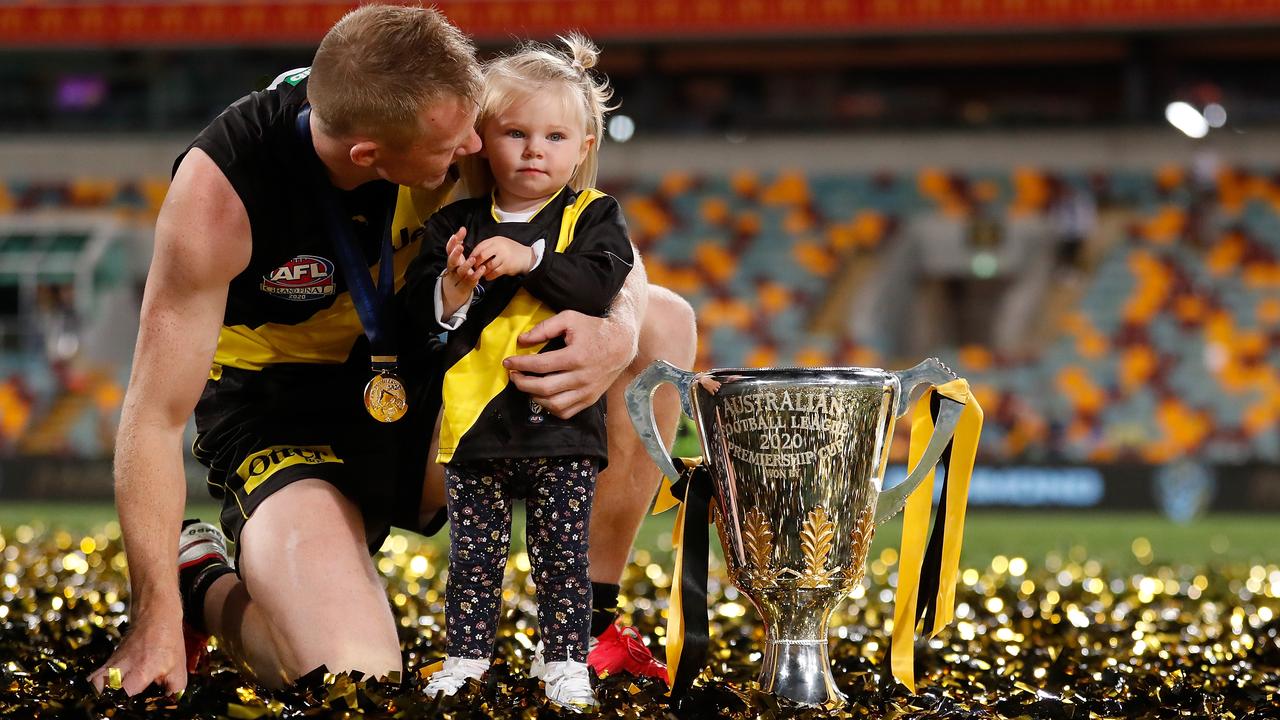 Jack Riewoldt and daughter Poppy. Photo: Michael Willson/AFL Photos via Getty Images.