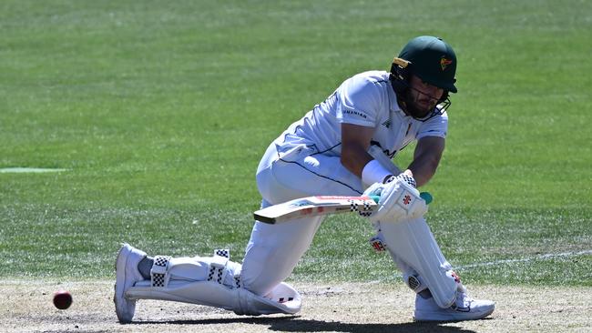 HOBART, AUSTRALIA – FEBRUARY 18: Caleb Jewell of the Tigers bats during the Sheffield Shield match between Tasmania and Western Australia at Blundstone Arena, on February 18, 2024, in Hobart, Australia. (Photo by Steve Bell/Getty Images)