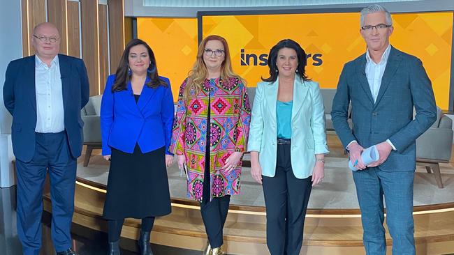 Insiders on 25 September. Pictured from left; James Campbell, Samantha Maiden, Katharine Murphy, Senator Jane Hume and (Troll Antagonist) David Speerson. Picture: Twitter/Insiders