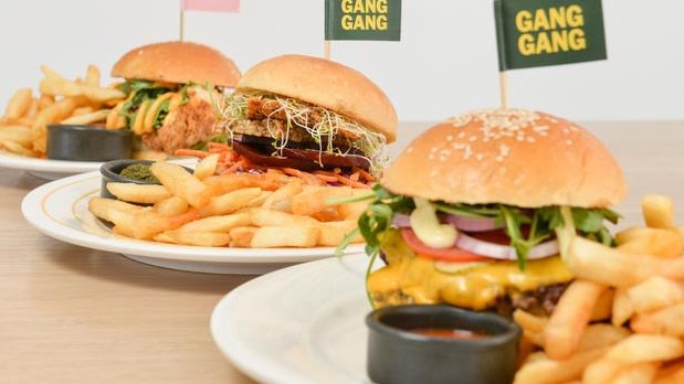Gang Gang’s Cardi B Signature Chicken burger, Gods Plan classic cheeseburger and Tinie Tempah Indonesian Inspired Vegan burger. Picture: Brenton Edwards