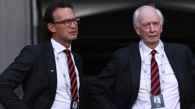 Concerned Essendon president Paul Brasher and CEO Xavier Campbell after the shellacking. Picture: Michael Klein