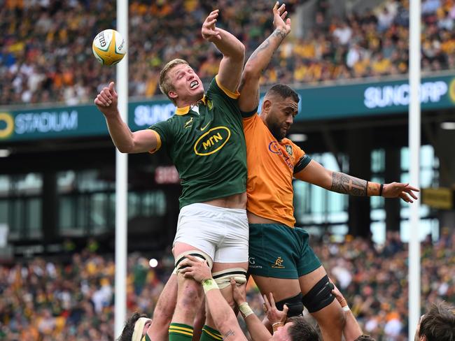 Lukhan Salakaia-Loto contests a lineout in the Wallabies’ loss to South Africa last weekend. Picture: Matt Roberts/Getty Images