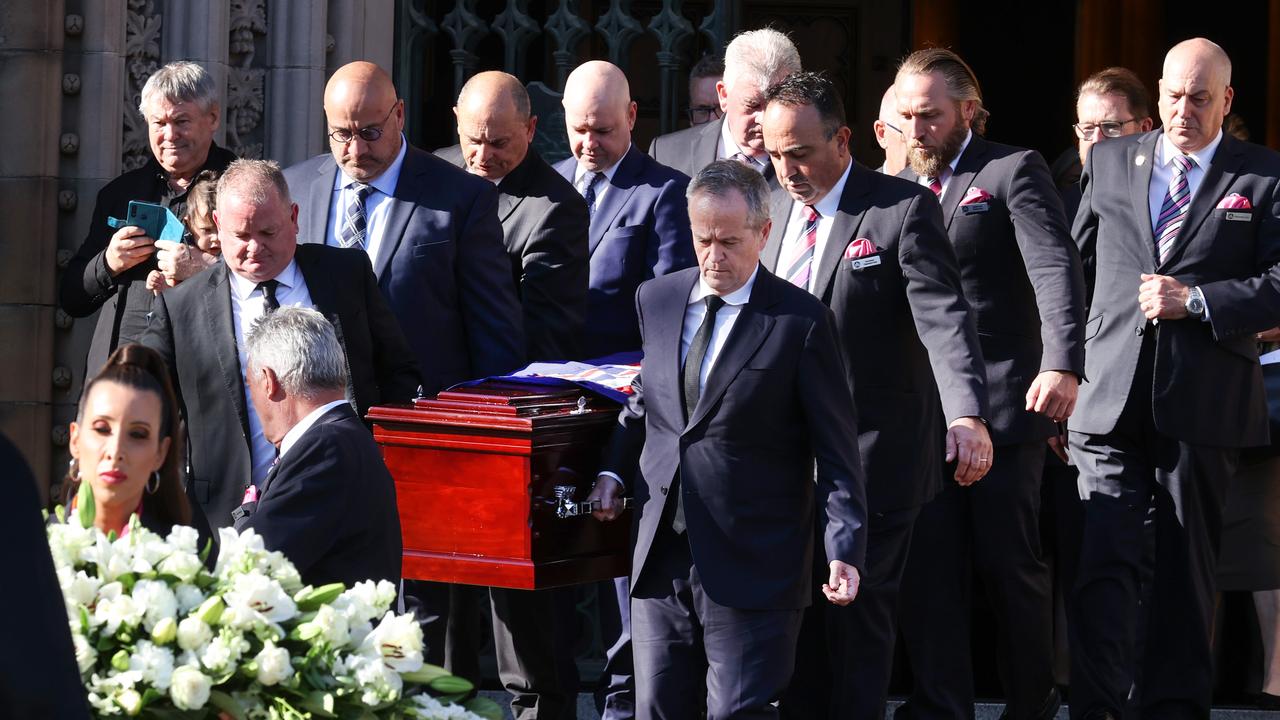 Labor senator Kimberley Kitching's funeral St Patrick Cathedral. Bill Shorten carries the coffin down the steps with other pallbearers. Picture: David Caird