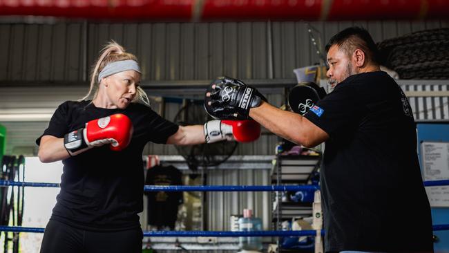 Stacee Barnes and Donny Fuamatu training at Fuamatu gym for the National Club Championships in Adelaide in May 2025. Picture: Pema Tamang Pakhrin