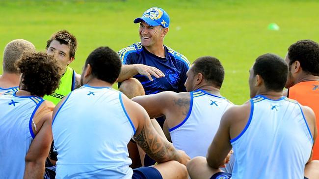 Brad Arthur talks to players during Parramatta Eels training. pic mark evans