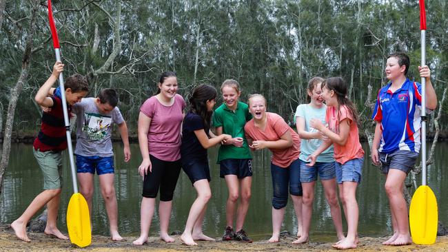 Country kids Alex Letts, Laura Manns, Bree and Ollie O'Neill, Will Mudford, Eleanor Rapley, Tom Shiner, Cassidy Hiscox and Ellie-Mae Hough-Wedding enjoy a morning of kayaking at the Sydney Academy of Sport and Recreation in Narrabeen. Picture: Gaye Gerard