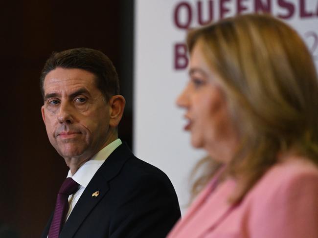 BRISBANE, AUSTRALIA - NewsWire Photos - JUNE 13, 2023. Queensland Premier Annastacia Palaszczuk and Treasurer Cameron Dick during a press conference in the 2023/24 state budget lockup at Parliament House in Brisbane. Mr Dick will deliver his fourth budget to parliament this afternoon. Picture: Dan Peled / NCA NewsWire