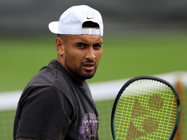 LONDON, ENGLAND - JULY 02: Nick Kyrgios of Australia looks on during a practice session ahead of The Championships - Wimbledon 2023 at All England Lawn Tennis and Croquet Club on July 02, 2023 in London, England. (Photo by Patrick Smith/Getty Images)