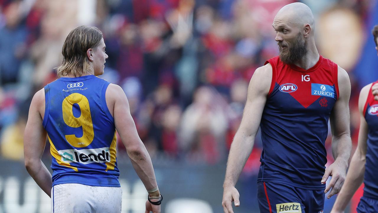 Days after heaping praise on No.1 pick Harley Reid (left), Gawn found himself in a surprise wrestling match with the young Eagle at halftime on the MCG. Picture: Michael Klein