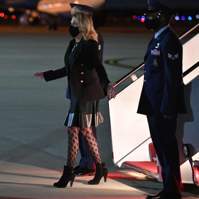 Dr Biden’s tights sparked a Twitter storm. Picture: MANDEL NGAN / POOL / AFP.