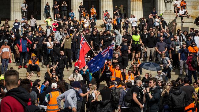 Protesters on the steps of the shrine. Picture: Darrian Traynor/Getty Images