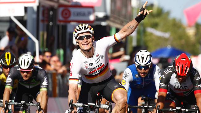 Germany's Andre Greipel crosses the finish line to win the second stage of the Giro d'Italia. Picture: AFP Photo