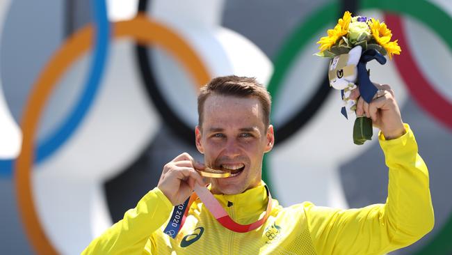 Gold Medalist Logan Martin poses for a picture on the podium after Men's Park Final of the BMX Freestyle at Tokyo 2020 Olympic Games. Picture: Ezra Shaw/Getty Images