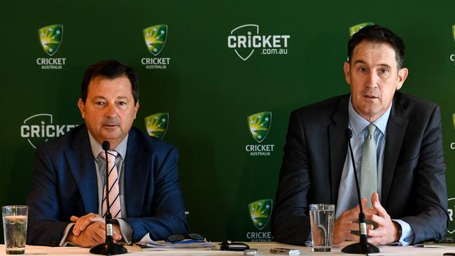 Cricket Australia chairman David Peever and outgoing CEO James Sutherland yesterday. Picture: AAP