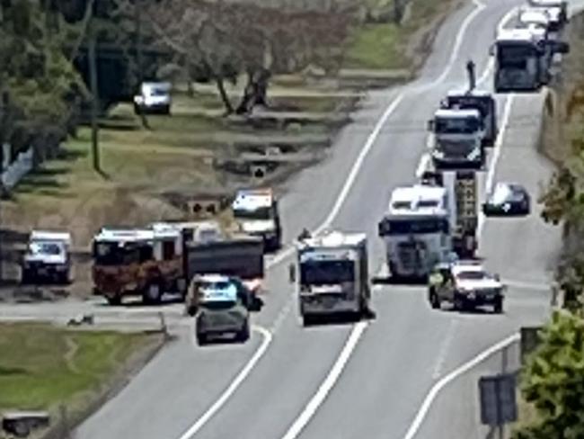 Emergency crews are frantically trying to free a badly injured driver from the wreckage of a vehicle on the Bruce Highway south of Maryborough, at Tiaro, as the rescue chopper makes its way to the scene. Picture: Contributed