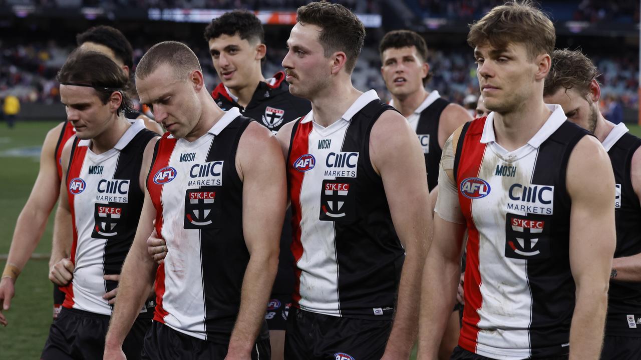 MELBOURNE, AUSTRALIA - SEPTEMBER 09: Dejected St Kilda players walk from the ground after the Second Elimination Final AFL match between St Kilda Saints and Greater Western Sydney Giants at Melbourne Cricket Ground, on September 09, 2023, in Melbourne, Australia. (Photo by Darrian Traynor/AFL Photos/via Getty Images)
