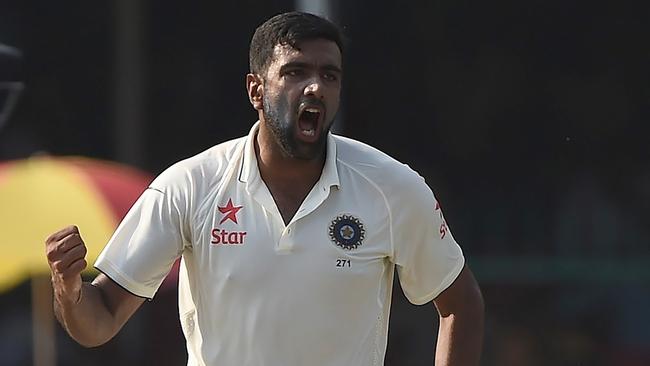 India's Ravichandran Ashwin celebrates after taking his 200th Test wicket.