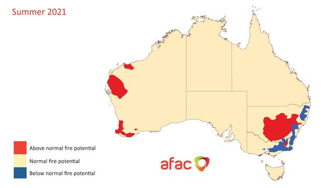 Australia's bushfire outlook for summer 2021/2022. Illustration: AFAC