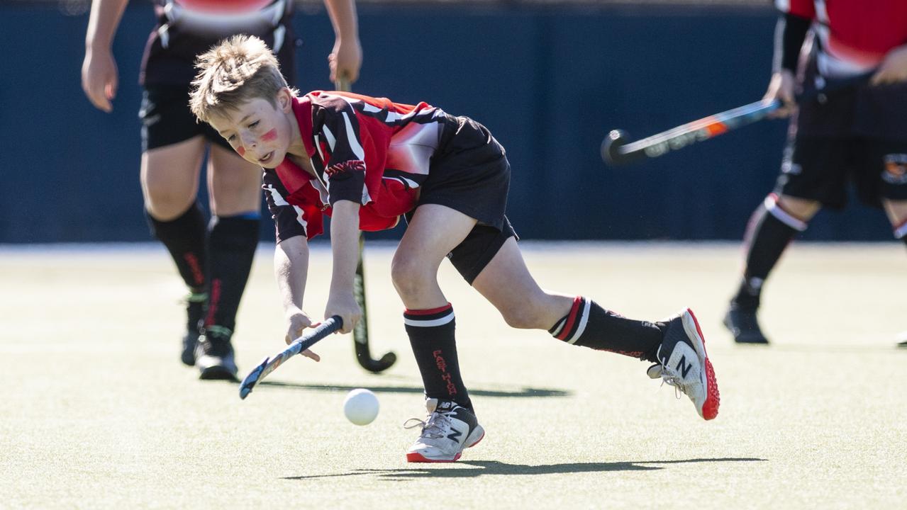 Callum Page of Past High against Newtown Norths Tigers in under-11 boys Presidents Cup hockey at Clyde Park, Saturday, May 27, 2023. Picture: Kevin Farmer