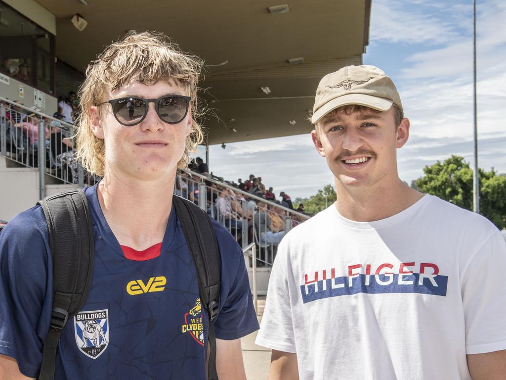 Mitchell Clem and Judd Rei. Western Clydesdales vs Canterbury-Bankstown Bulldogs rugby league trial.Saturday, February 4, 2023. Picture: Nev Madsen.