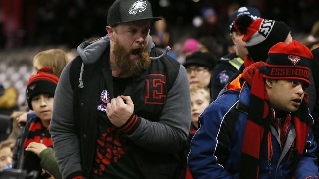 Essendon fans vent their frustration after their side’s 103-point loss. Picture: Michael Klein