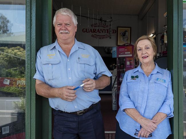 News 21.12.18 AUS Gayndah residents Robin and Annemaree Mcgilvery at their store in Capper St Gayndah, QLD whiich is the main street. Pic John Wilson Story Owen