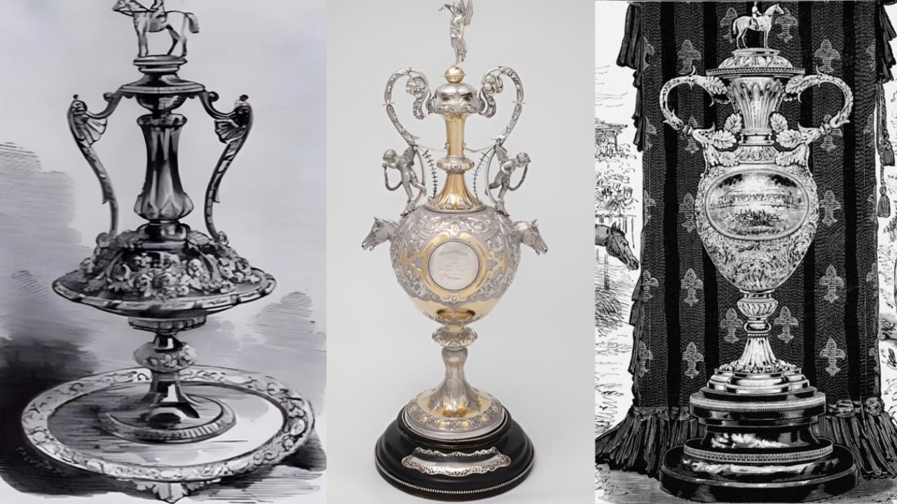 Some of Melbourne Cup’s fancier trophies of the 1860s and 70s, before the now-iconic design was introduced in 1919. Picture: Museums Victoria, State Library of Victoria