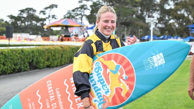 Jockey Saffie Osborne with the spoils of victory from the Coastal Classic at Geelong. Picture: Reg Ryan / Racing Photos