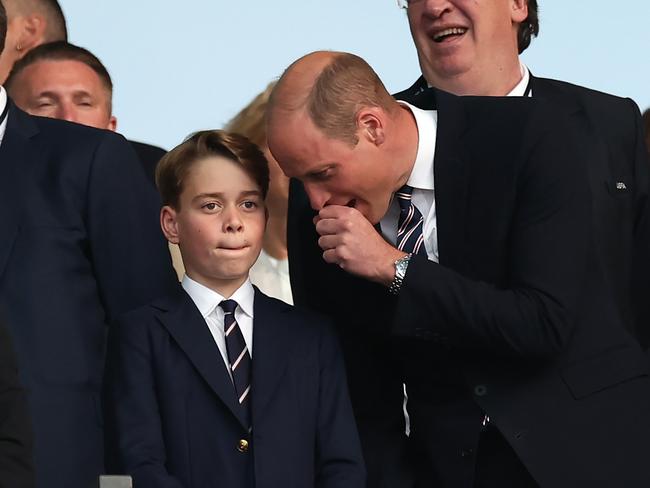 BERLIN, GERMANY - JULY 14: Prince George of Wales, Prince William, Prince of Wales and President of The FA, look on prior to the UEFA EURO 2024 final match between Spain and England at Olympiastadion on July 14, 2024 in Berlin, Germany. (Photo by Ian MacNicol/Getty Images)