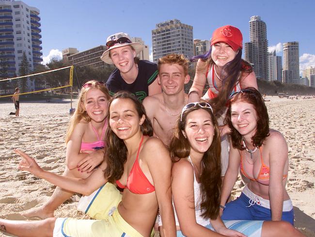 St Pauls College students get into the Schoolies spirit at Surfers Paradise beach in 2001.