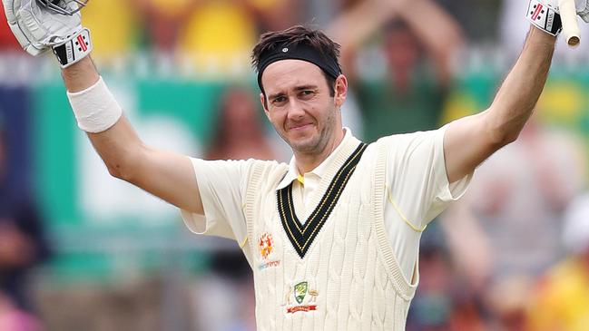 Australia's Kurtis Patterson celebrates his first hundred for Australia during Day 2 of the second Test match between Australia and Sri Lanka at Manuka oval, Canberra. Picture. Phil Hillyard