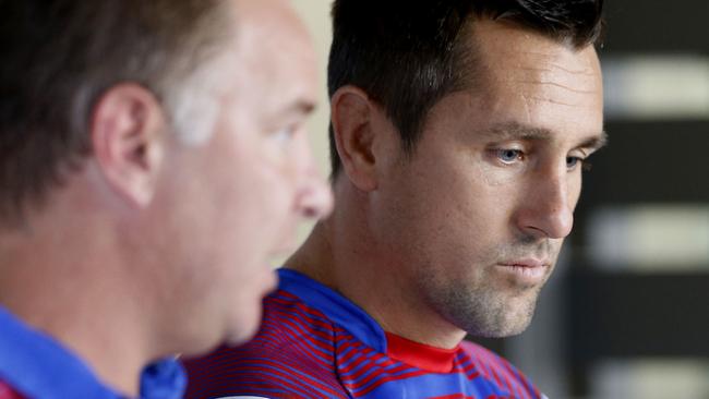 Knights coach Adam O'Brien and Mitchell Pearce hold a press conference before a training session in Newcastle, NSW, Thursday, January 7, 2021. NRL star Mitchell Pearce has stepped down from his role as Newcastle captain after revelations of inappropriate text messages with a club staffer. (AAP Image/Darren Pateman) NO ARCHIVING