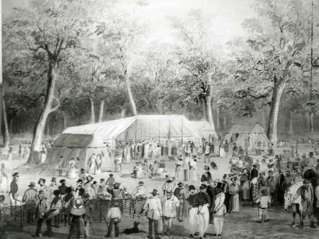 1843 — An artist’s impression of the first tent show staged in 1843 in Botanic Park, on the east side of Frome Road.