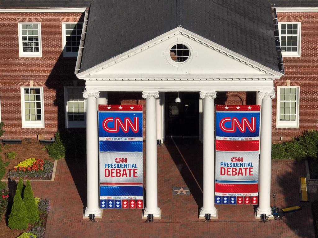 Signage for the presidential debate is seen outside the CNN studios in Atlanta. Picture: Getty Images