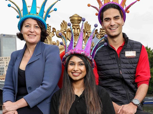 Moomba Festival 2021 Monarchs are revealed at launch along the Yarra River. Monarchs left to right :  Infectious Diseases Physician Professor Kirsty Buising , cleaner Pravini Fernando and Coles supermarket worker Drew Law. Picture : Ian Currie