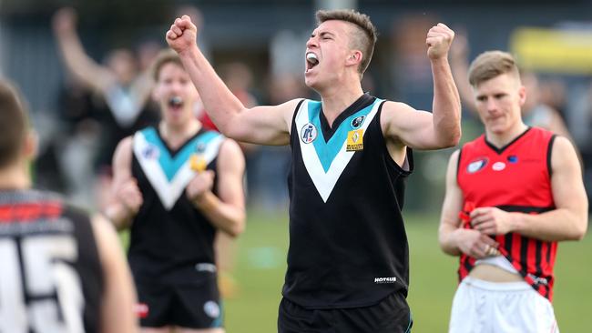 Jordan Galea celebrates on the final siren as St Mary’s claim the NFL Division 3 premiership. Picture: Hamish Blair